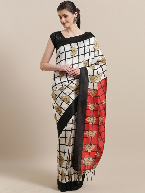 

7Rainbow Off-White & Black Checked Mysore Silk Saree