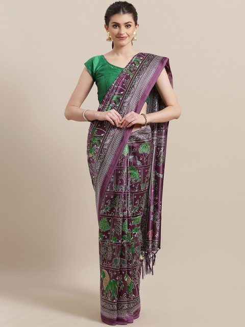 

7Rainbow Purple & Green Digital Printed Mysore Silk Saree