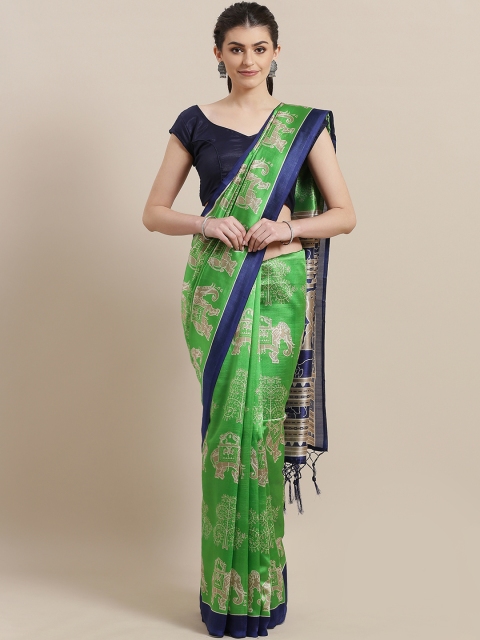 

7Rainbow Green & Beige Digital Printed Mysore Silk Saree