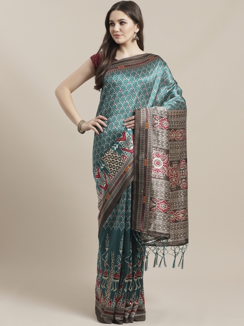 

7Rainbow Teal Green & Off-White Digital Printed Mysore Silk Saree