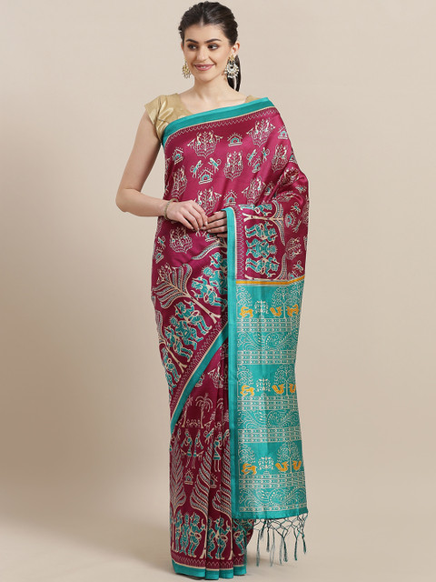 

7Rainbow Magenta & Blue African Print Mysore Silk Saree