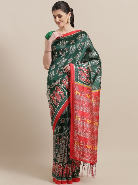 

7Rainbow Green & Coral Orange African Print Mysore Silk Saree