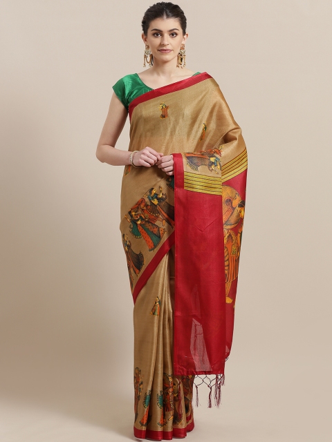 

7Rainbow Beige & Maroon Batik Print Mysore Silk Saree