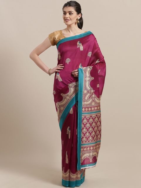 

7Rainbow Magenta & Beige Printed Mysore Silk Saree