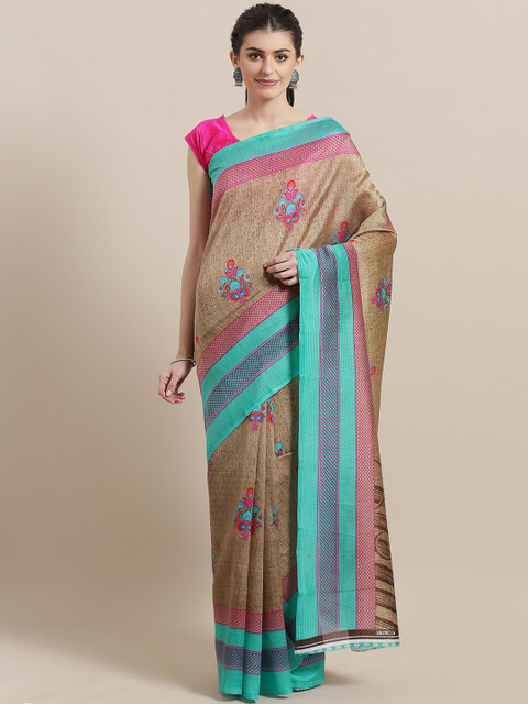 

7Rainbow Beige & Blue Jacobean Print Mysore Silk Saree