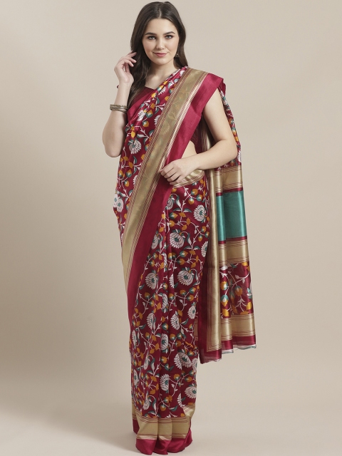 

7Rainbow Maroon & Off-White Printed Mysore Silk Saree