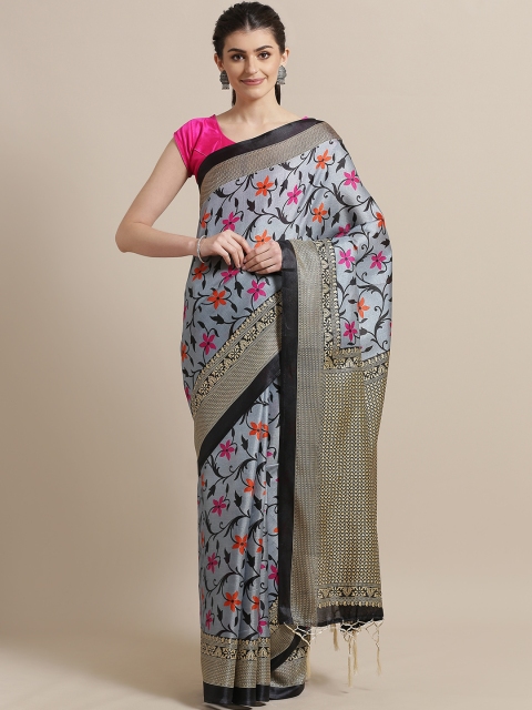 

7Rainbow Grey & Pink Digital Printed Mysore Silk Saree