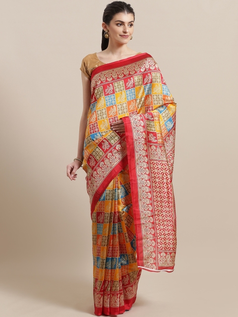 

7Rainbow Red & Yellow Digital Checked Mysore Silk Saree