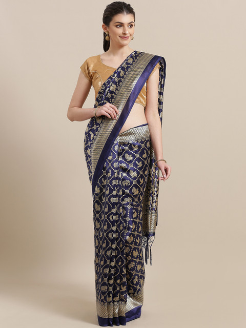 

7Rainbow Navy Blue & Beige Digital Printed Mysore Silk Saree