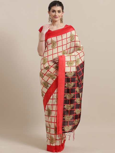 

7Rainbow Cream-Coloured & Red Checked Mysore Silk Saree
