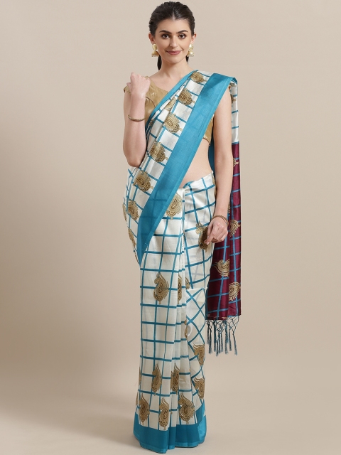 

7Rainbow White & Blue Digital Checked Mysore Silk Saree