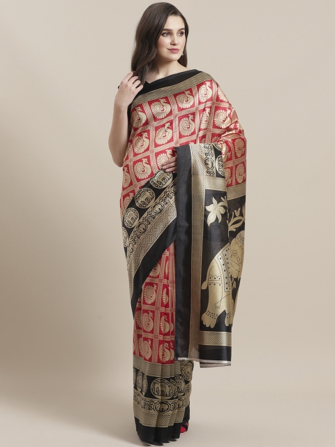 

7Rainbow Red & Beige Digital Printed Mysore Silk Saree