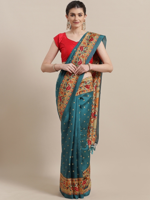 

7Rainbow Teal Blue & Beige Digital Printed Mysore Silk Saree