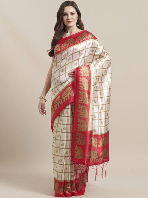 

7Rainbow Cream-Coloured & Red Digital Checked Mysore Silk Saree