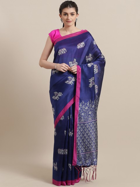 

7Rainbow Navy Blue & Grey Digital Printed Mysore Silk Saree