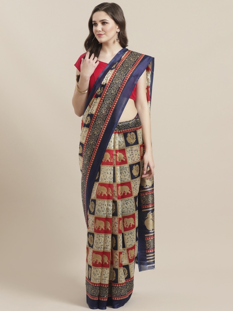 

7Rainbow Beige & Red Digital Printed Mysore Silk Saree