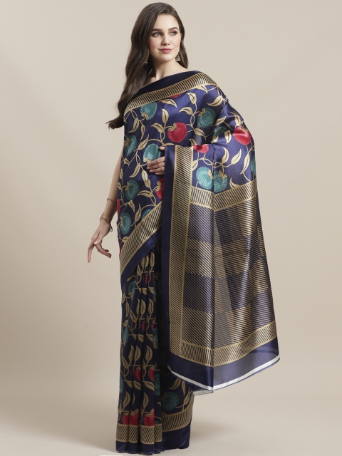 

7Rainbow Navy Blue & Beige Digital Printed Mysore Silk Saree