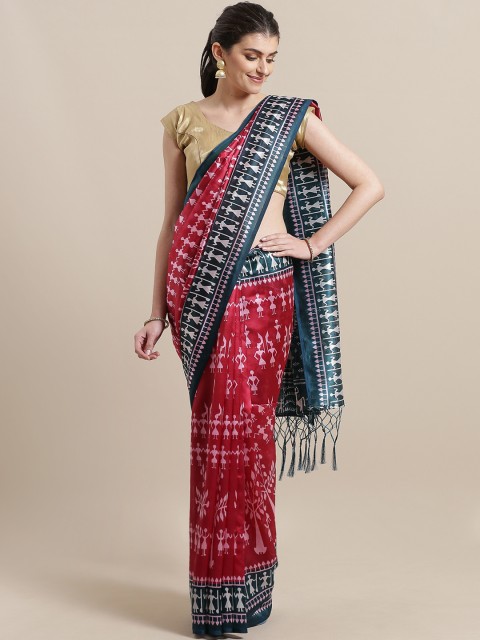 

7Rainbow Red & Pink Printed Mysore Silk Saree
