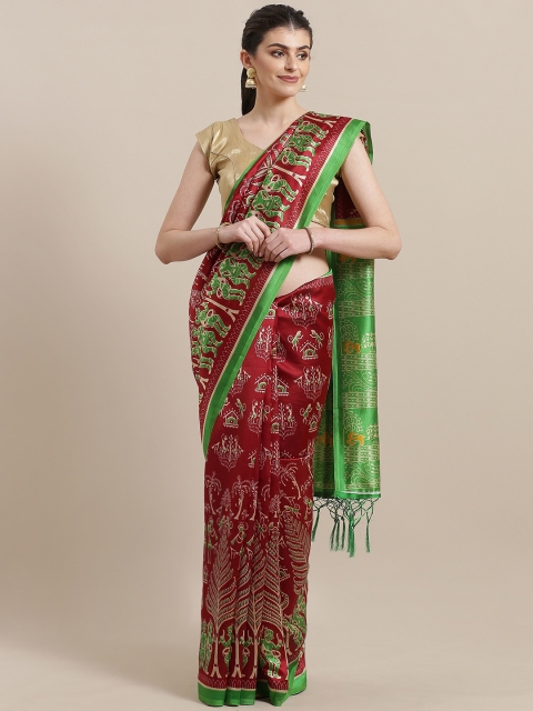 

7Rainbow Maroon & Beige Printed Mysore Silk Saree