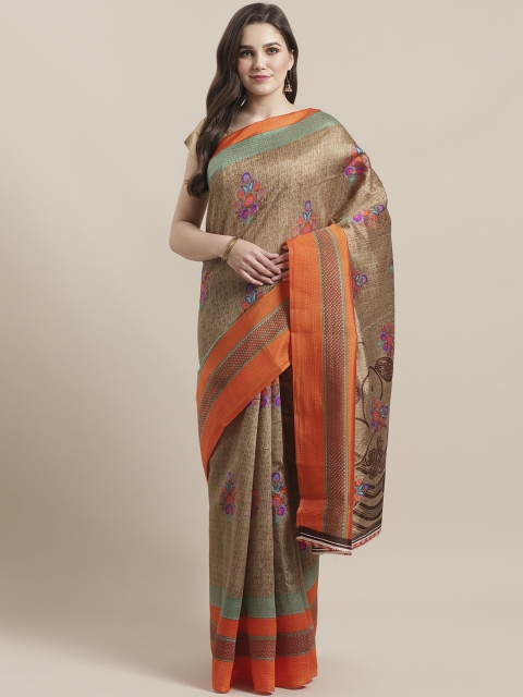 

7Rainbow Beige & Orange Printed Mysore Silk Saree