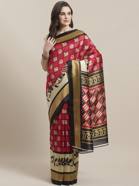 

7Rainbow Red & Beige Printed Mysore Silk Saree