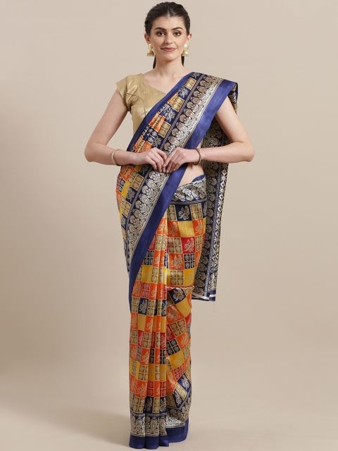 

7Rainbow Orange & Mustard Yellow Digital Print Mysore Silk Saree