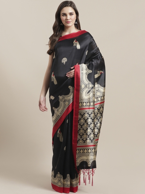 

7Rainbow Black & Beige Printed Mysore Silk Saree