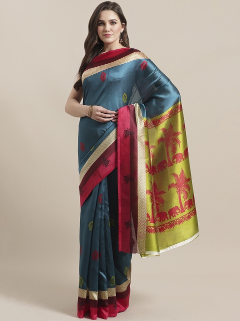 

7Rainbow Teal Blue & Red Printed Mysore Silk Saree