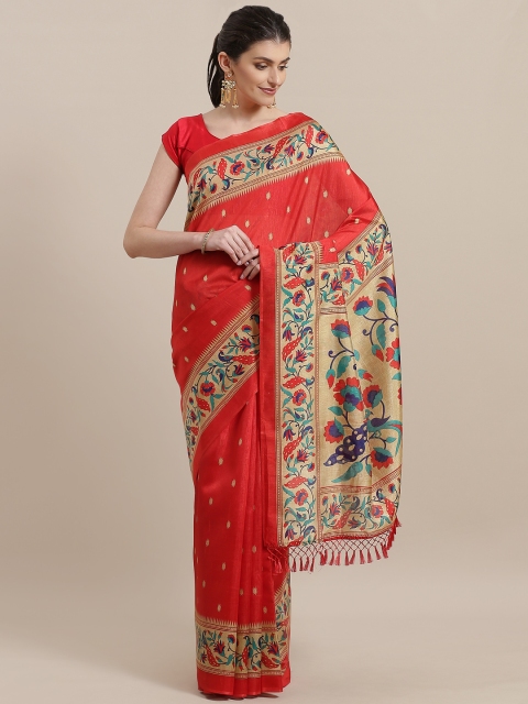 

7Rainbow Red & Beige Printed Mysore Silk Saree