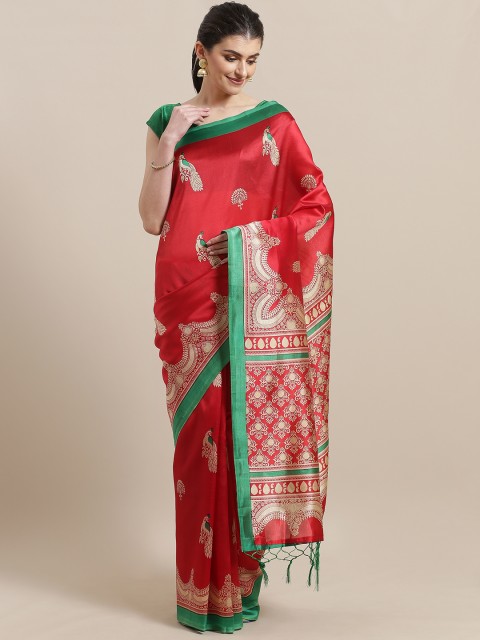 

7Rainbow Red & Beige Printed Mysore Silk Saree