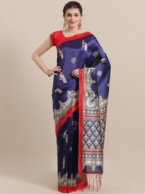 

7Rainbow Navy Blue & Beige Printed Mysore Silk Saree
