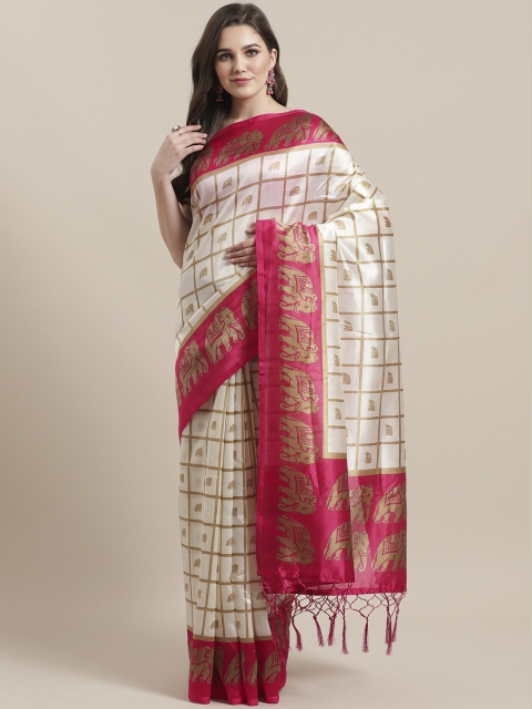

7Rainbow Off-White & Beige Checked Mysore Silk Saree