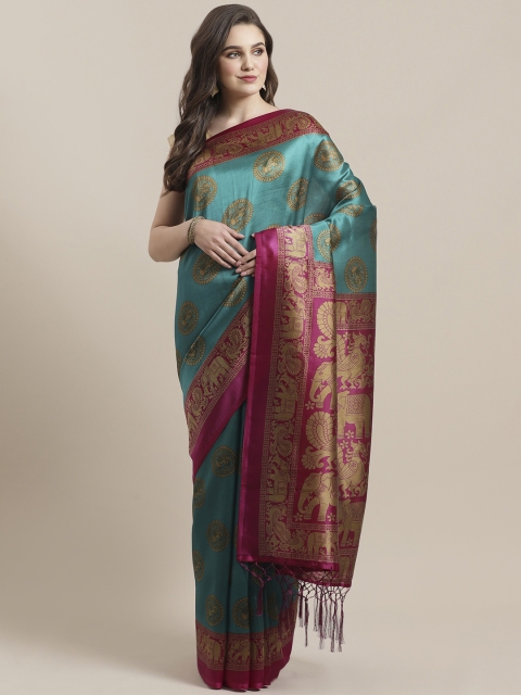 

7Rainbow Teal Green & Beige Digital Print Mysore Silk Saree