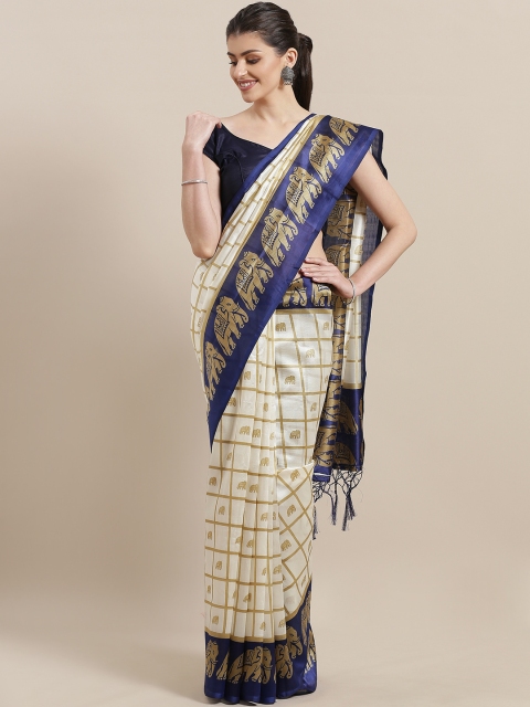 

7Rainbow Off-White & Beige Checked Mysore Silk Saree