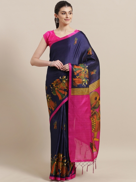 

7Rainbow Navy Blue & Pink Digital Print Mysore Silk Saree