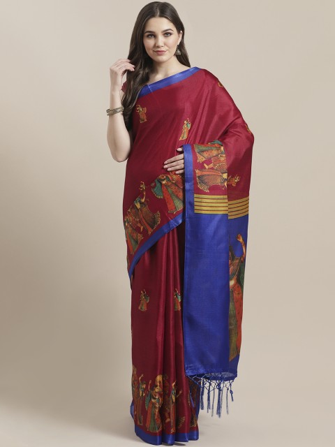 

7Rainbow Maroon & Blue Digital Print Mysore Silk Saree