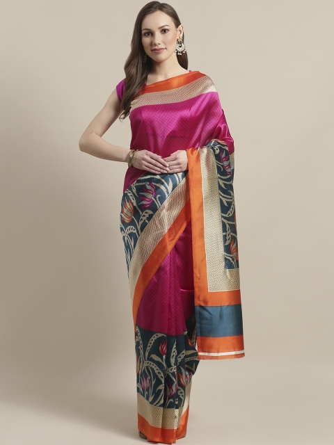 

7Rainbow Pink & Teal Blue Digital Print Mysore Silk Saree
