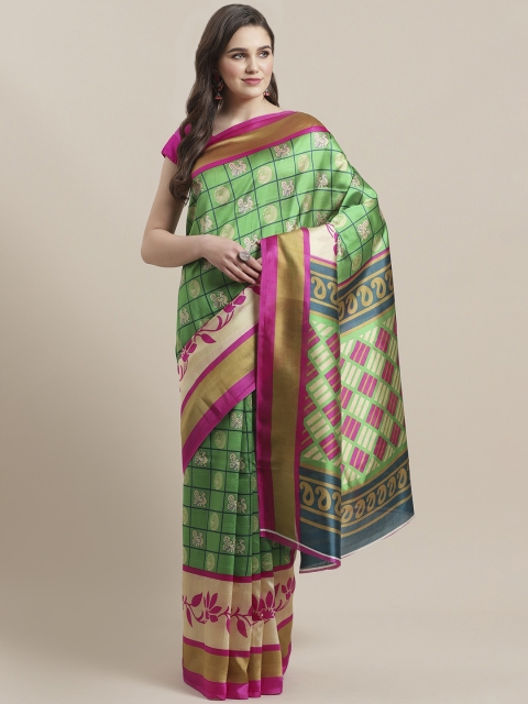 

7Rainbow Green & Beige Checked Mysore Silk Saree