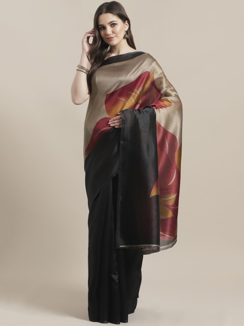 

7Rainbow Black & Beige Digital Print Mysore Silk Half & Half Saree