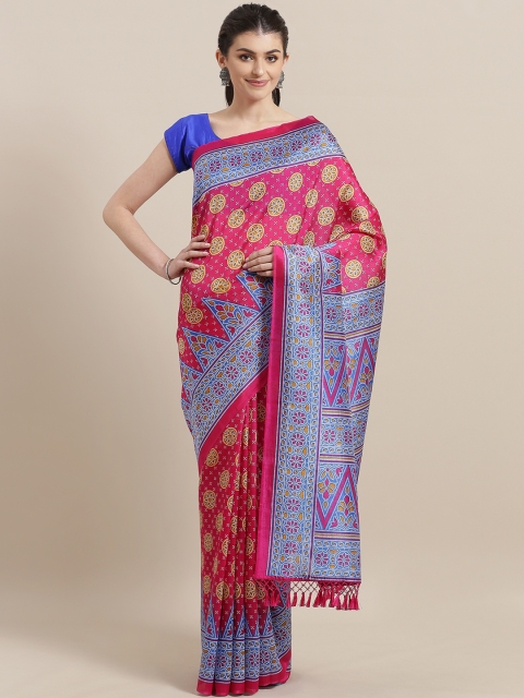 

7Rainbow Pink & Blue Art Silk Printed Mysore Silk Saree
