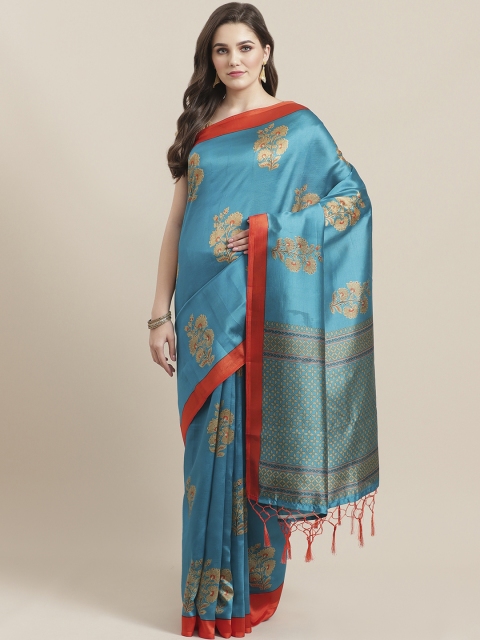 

7Rainbow Teal Blue & Beige Digital Print Mysore Silk Saree