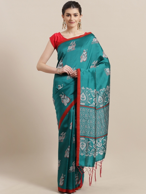 

7Rainbow TealGreen & Grey Digital Printed Mysore Silk Saree, Teal