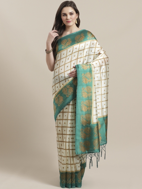 

7Rainbow Off-White & Beige Checked Mysore Silk Saree