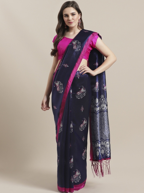 

7Rainbow Navy Blue & Off-White Digital Print Mysore Silk Saree