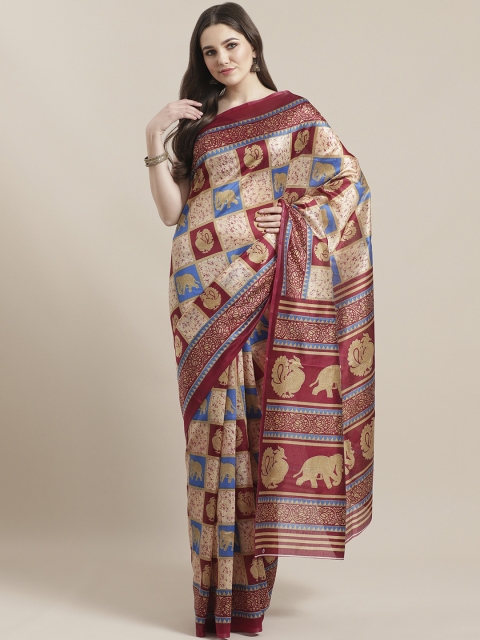 

7Rainbow Maroon & Beige Digital Print Mysore Silk Saree