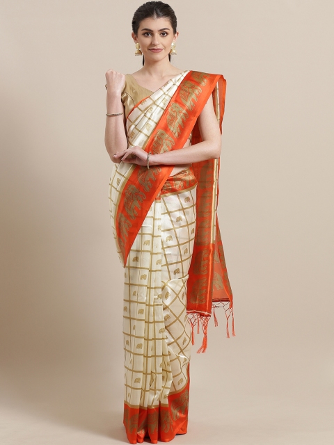 

7Rainbow Off-White & Beige Checked Mysore Silk Saree