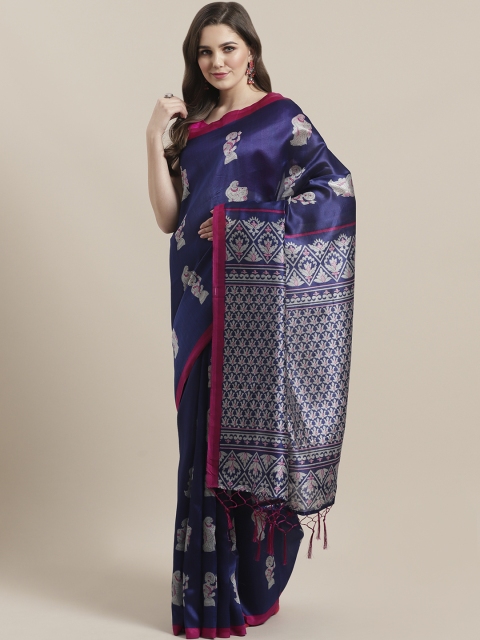 

7Rainbow Navy Blue & Off-White Digital Print Mysore Silk Saree