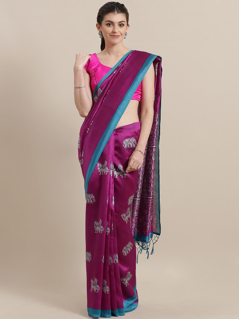 

7Rainbow Purple & Grey Printed Mysore Silk Saree