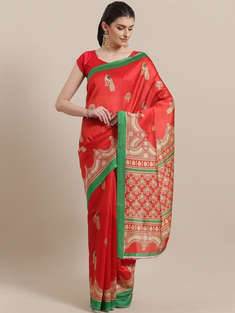 

7Rainbow Red & Beige Printed Mysore Silk Saree