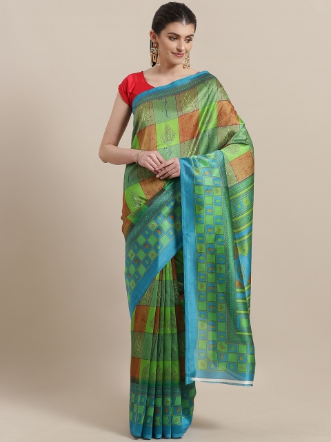 

7Rainbow Blue & Green Checked Mysore Silk Saree